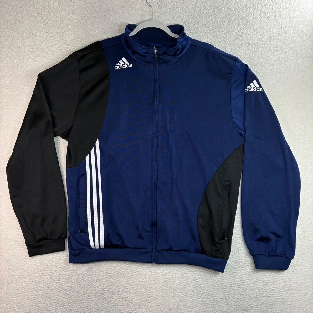 Y2K Adidas Track Jacket Men L Blue Black Full Zip Silky Hoodie Vintage